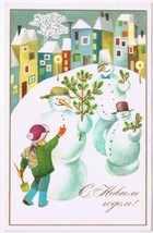 Postcard 1978 Russian Happy New Year Boy Snowmen Houses - $3.56