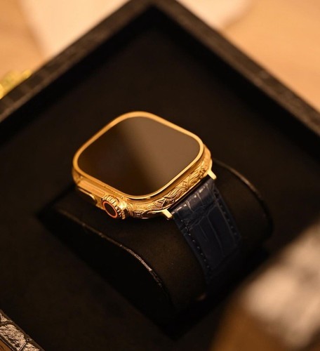 Custom 24k Gold Plated Apple Watch ULTRA 3 49mm Engraved Black Leather Band Item image 5
