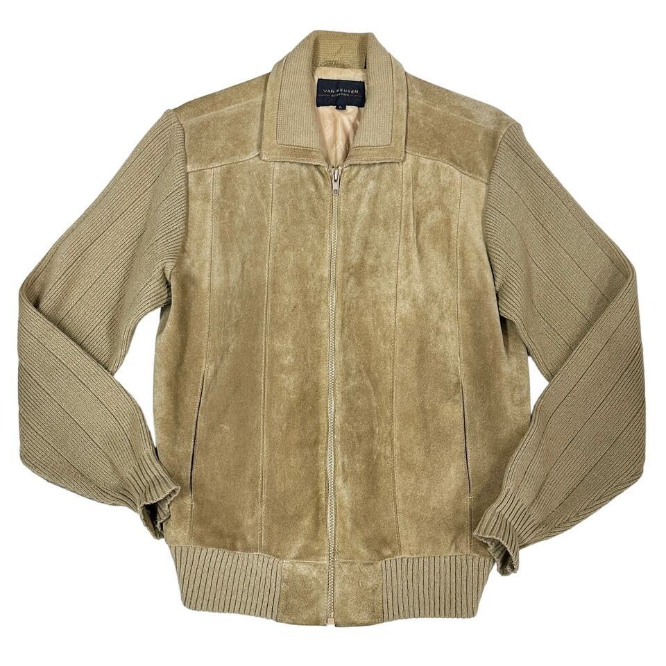 70s 80s VTG Van Heusen Sz L Beige Leather &amp; Knit Jacket Ribbed Waist &amp; C... - $60.59