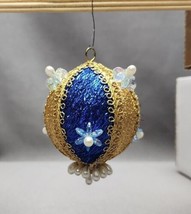 Vintage Push Pin Christmas Ornament Beaded Handmade Blue &amp; Gold 2.5&quot; Ball MCM - $15.84