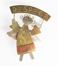 Fantastic Whimsical Vintage Artisan &quot;RESPECT&quot; Angel Brass &amp; Tin Pin Brooch - £19.75 GBP