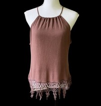 Day Tripper Tank Top Crochet Lace High Neck Boho Sleeveless Brown Rayon Size L - £15.45 GBP