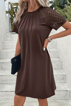 Dark Brown Contrast Lace Raglan Sleeve Pleated Detail Shift Dress - $225.52 MXN