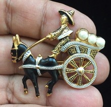 DAMASCENE Man, Donkey and Cart BROOCH in Gold-Tone with Faux Pearls - 1 3/4 in. - £15.98 GBP