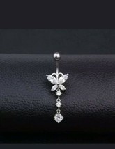 14k Plated Round &amp; Marquise Simulated Diamond Butterfly Dangle Belly Button Ring - £62.64 GBP