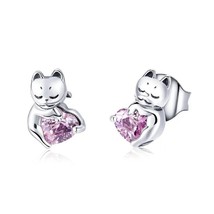 Sterling Silver 925 Cute Cat Kitten Stud Earrings With Pink Heart - Girls Women - £12.73 GBP