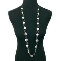 CHICO&#39;S silver-tone chain necklace - long 42&quot; oval links &amp; hammered circle disks - £15.69 GBP