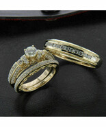 14K Yellow Gold Over Diamond Wedding Trio Set His &amp; Her Bridal Engagemen... - €88,70 EUR