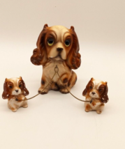 Vtg Ceramic Cocker Spaniel Dog Figurines Big Eyed Mama Puppies Chained - £15.81 GBP