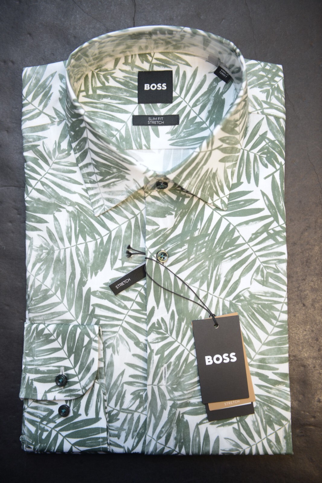 HUGO BOSS Herren Hank Kent Slim Fit Blatt Bedruckt Stretch Baumwollkleid Hemd 39 Item image 2