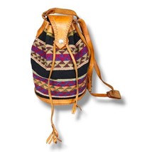 Vintage Leather Trim Fabric Bucket Bag Aztec Southwestern Soft Sided Brown  - $29.95