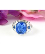 Deep BLUE RHINESTONE RING Vintage Cobalt Oval Glass Gem Silvertone Size 8 - $3,087.80