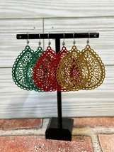 Adorable three pair of fashionable drop dangle earrings in green, yellow, red - £9.66 GBP