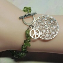 Sterling 925 Silver Peace Charm Peridot August Birthstone Toggle Clasp Bracelet - $37.62