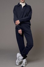 Navy Blue Fold Down Collar Pullover and Joggers Tracksuit - $64.77