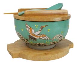 Turquoise Japanese Crane Donburi Ramen Bowl With Lid Trivet Spoon Chopst... - $56.04 CAD
