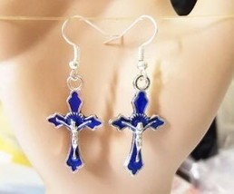 blue enamel cross crucifix earrings, metal charm dangles religious jewelry - £3.18 GBP
