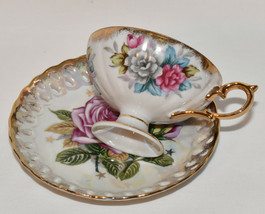 Vintage Lusterware Iridescent Porcelain Teacup Saucer Pink Rose w Lattic... - £27.93 GBP