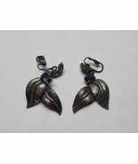 Vintage Leaf Design Silver Tone/Sapphire Costume Jewelry Clip On Earrings - $19.99