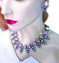 Iridescent AB Statement Necklace, Rhinestone Necklace Set, Bridal Pageant Jewelr - £46.34 GBP