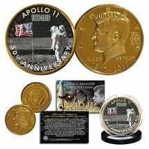 Apollo 11 Man on Moon 50th Anniversary JFK 100 Birthday 24K Gold Clad Coin Flag - £7.60 GBP