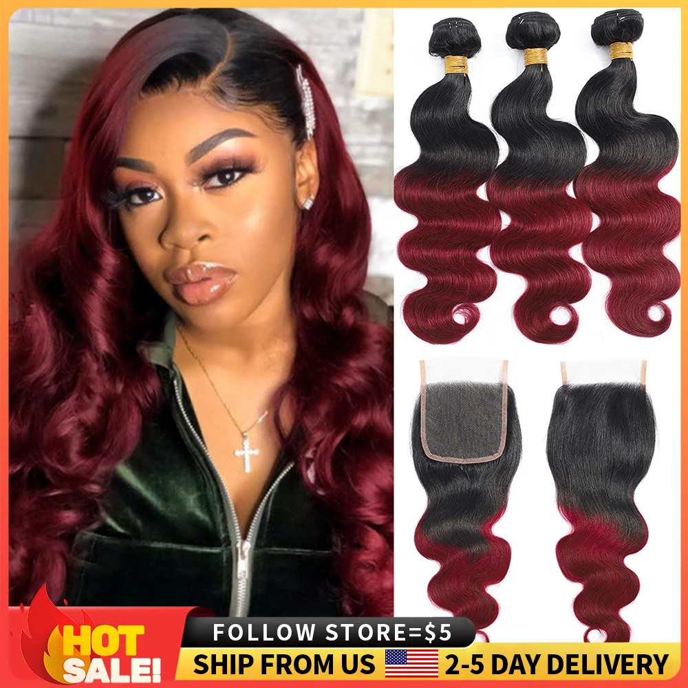 Body Wave Bundles With Closure 100% Human Hair Weave Brazilian Red Burgundy - £32.58 GBP+