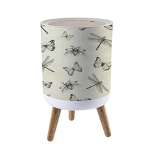 Small Trash Can With Lid Seamless With Dragonflys Cockchafer And Butterflies Dra - £50.82 GBP