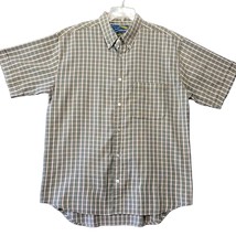 Address Unknown Men Shirt Size M Tan Preppy Plaid Classic Buttons Short ... - £9.98 GBP