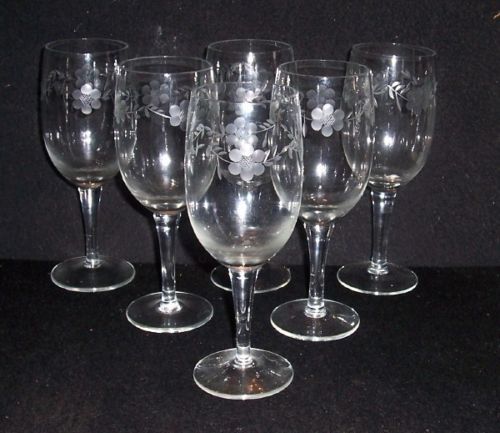 6 Vintage Floral Etched Wine/Champagne Bar Glasses 10 oz 7 1/4" Ex - $23.76