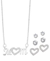 Rh Macys Plated Cubic Zirconia Mom Heart Necklace With Three Piece Earring Se - £32.76 GBP