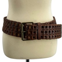 Vintage Boho Brown Leather Wide Woven Belt Brass Hardware Large - $37.64
