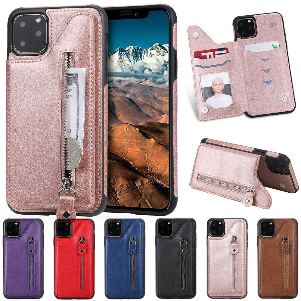 For iPhone 11 Pro Max/XS/XR/8 7 Plus Zipper Leather Card Holder Stand Case Cover