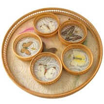 Vintage 70s Bamboo Tray &amp; Coaster Set Butterfly Glass Bohemian Cottagecore  - £24.09 GBP