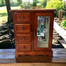 Mele Wooden Jewelry Box Chest Armoire Floral Painted Glass Door Vtg 80s Velvet - £39.51 GBP