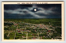 Night Time View Aerial Moonlight Anderson South Carolina Postcard Linen Unposted - £6.39 GBP