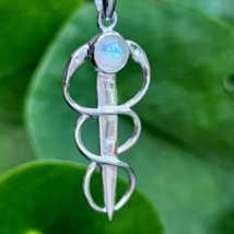 Snake Pendant Moonstone Necklace Staff Of Hermes Gemstone 925 Silver and Boxed - £40.40 GBP
