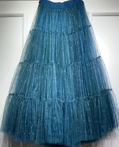 Women BLUE SEQUIN Tulle Maxi Skirts Puffy Layered Tulle Skirt Tutu Skirt Outfit  image 2