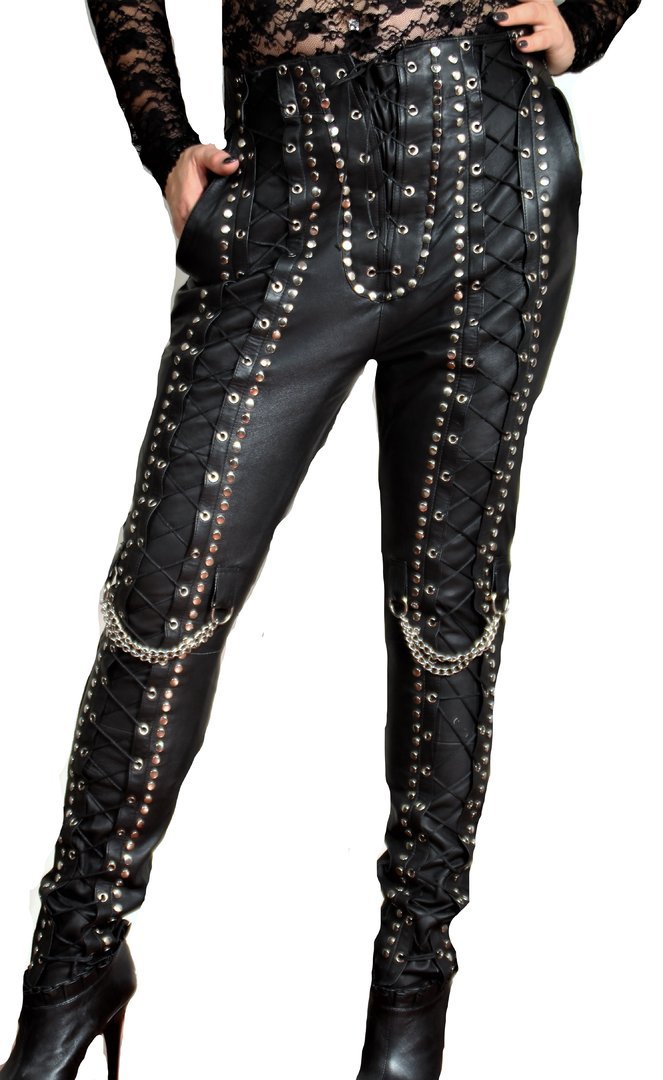 Women Black Golden Studded Genuine Leather Pants Mono ectric, Women Jeans