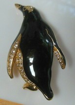 Vintage Swarovski Swan Logo Penguin Brooch Black Enamel &amp; Crystals - £35.41 GBP