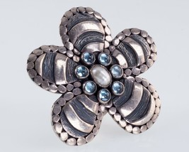 Rane Sterling Silver Antiqued Flower Ring with Blue Topaz Accents Size 5.75 - £107.90 GBP