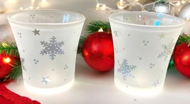 Partylite Snowy Nights Votive Candle Holders Snowflakes Frosted Glass Set of 2 - $21.79