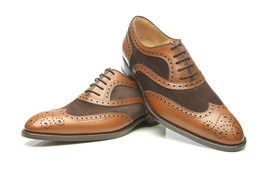 Men Oxford Two Tone Brown Brogue Toe Wing Tip Vintage Suede Leather Laceup Shoes - £119.22 GBP+