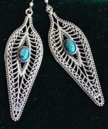 Long Boho earrings, turquoise earrings, ethnic, silver leaf earrings, E618 - £14.93 GBP