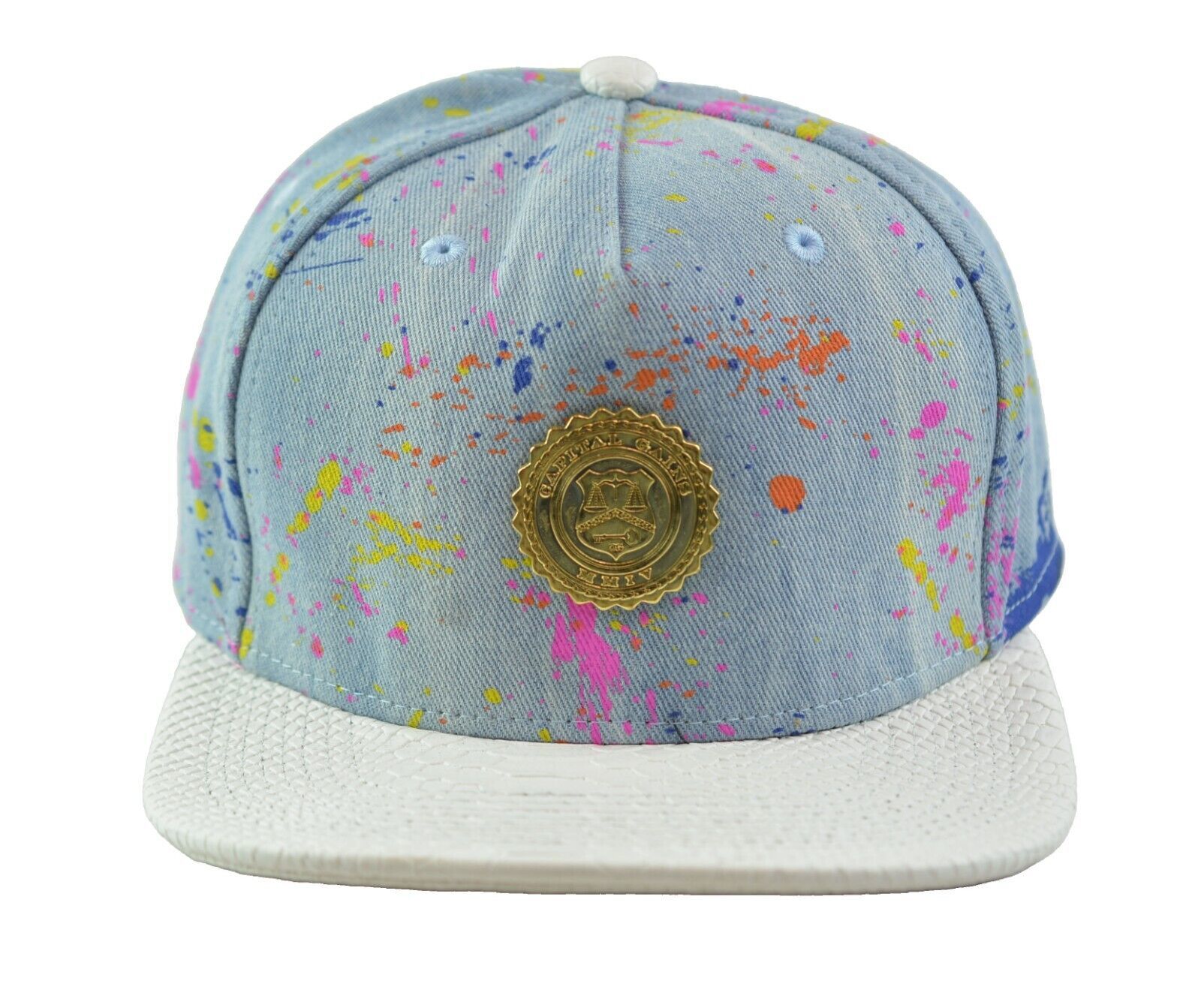 Capital Gains Men's Streetwear Denim Paint Splatter Flat Bill Hat Strap Back Cap
