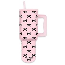 Black Pink Mini Coquette Bows Printed Stainless Steel Tumbler 38 oz with Handle - £29.72 GBP