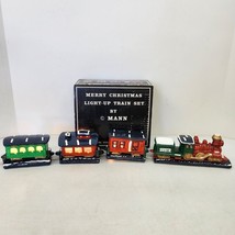 Vintage Mann Merry Christmas 4 Pc Light Up Ceramic Train Set With Lights 1982 - £19.28 GBP