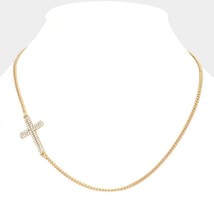 Gold Sideways Cross Pendant Necklace Chain Rhinestone Trend Statement Jewelry - £19.84 GBP