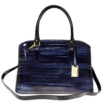 AURA Italian Made Dark Navy Blue Stripe Patent Leather Tote Handbag - £293.09 GBP