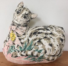 Vintage Hand Sewn Tabby Cat Shaped Pillow Doll Kitten Wearing Pink Bow W... - $29.99