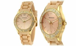 NEW Rousseau 9795 Women&#39;s Heidi Crystal Bezel Beige Silicone Strap Gold Watch - £15.53 GBP